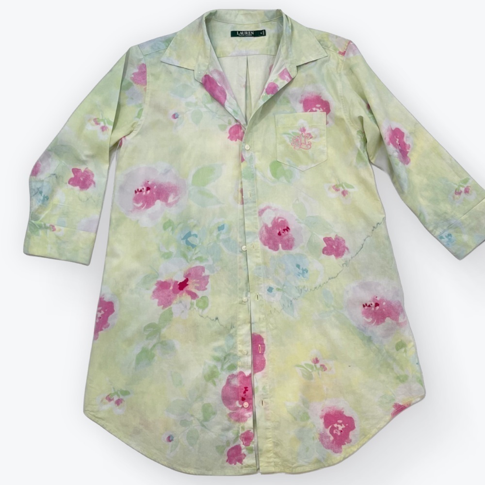 Ralph Lauren Celery Green Floral Button Down Indigo Ice Dyed Pajama Shirt Small 